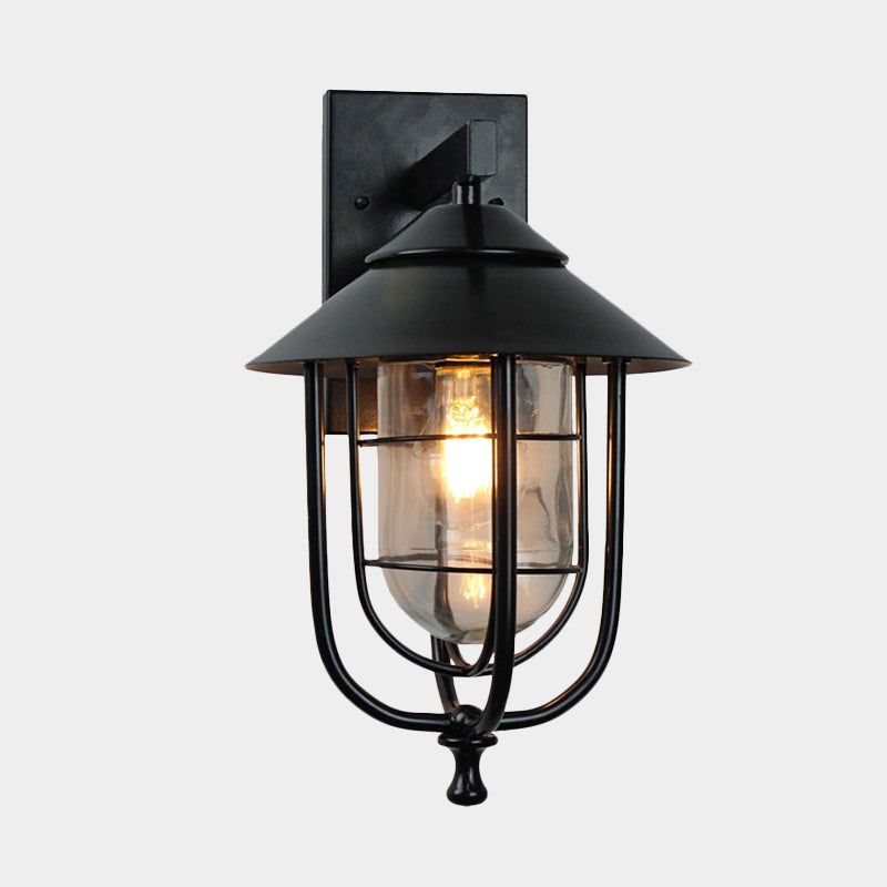 Vintage Metal Wall Mounted Sconce With Clear Glass Shade - Wire Cage Outdoor Lamp Black Finish