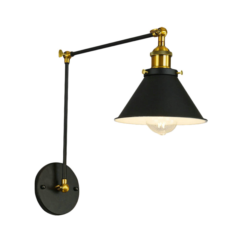 Vintage Cone Metal Wall Sconce With Swing Arm - 1 Bulb Restaurant Lighting Fixture In Black