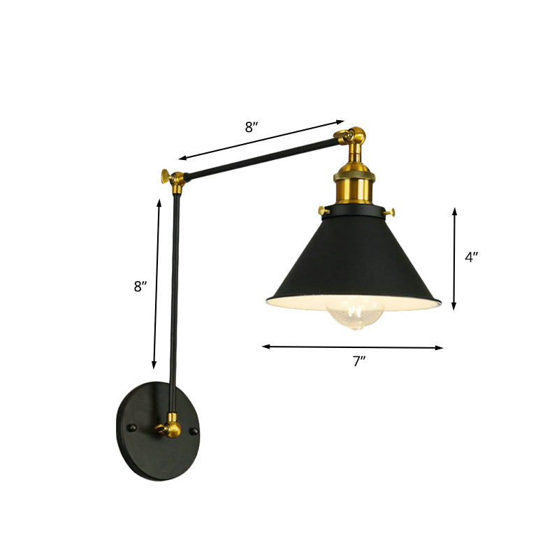Vintage Cone Metal Wall Sconce With Swing Arm - 1 Bulb Restaurant Lighting Fixture In Black