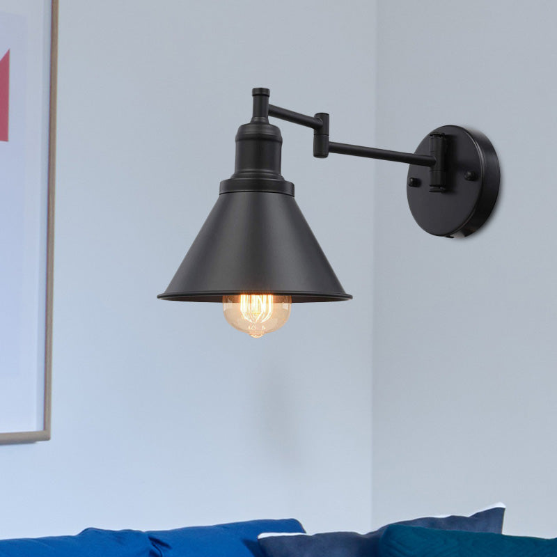 Vintage 1-Bulb Swing Arm Iron Sconce Lighting In Black For Coffee Shops - Conical Shade Wall Lamp