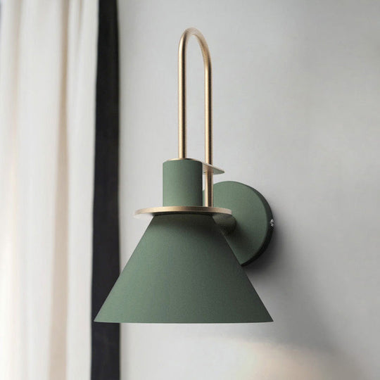 Antiqued Cone Metal Wall Mounted Sconce In White/Black/Green With Handle For Bedside
