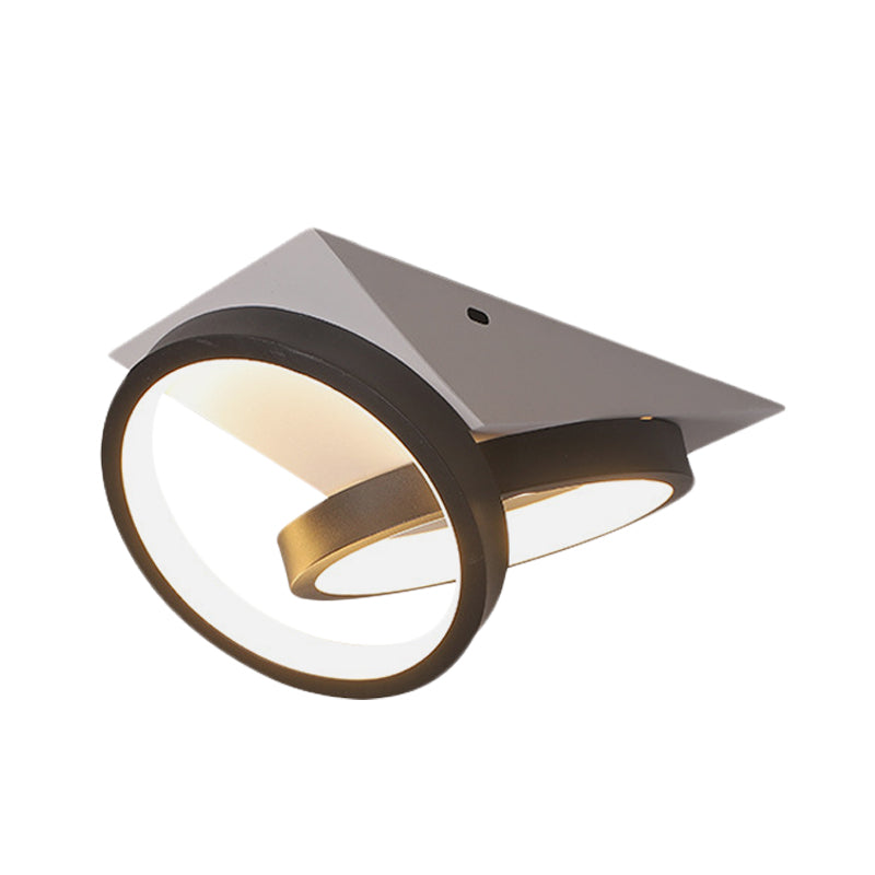 Modern Black Double Ring Led Flush Mount Ceiling Light Fixture With Acrylic Shade And White Triangle