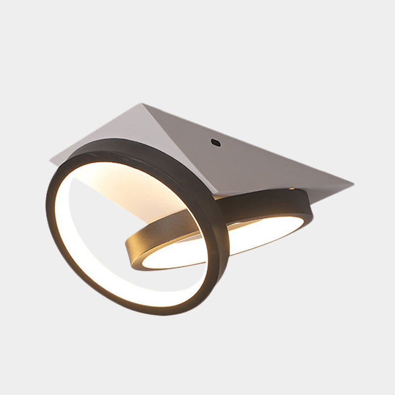 Modern Black Double Ring Led Flush Mount Ceiling Light Fixture With Acrylic Shade And White Triangle