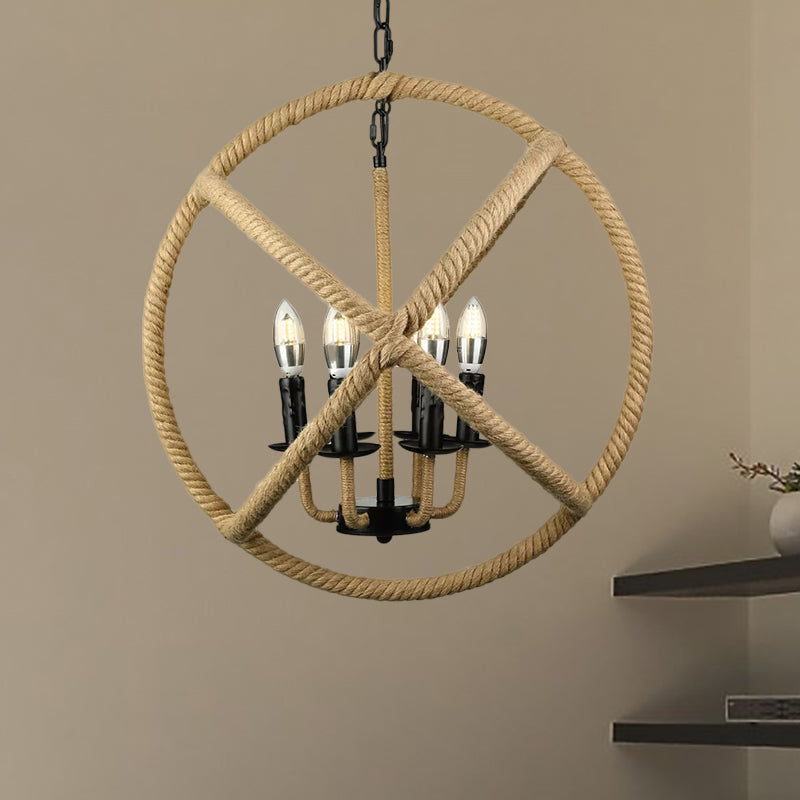 Adjustable Beige Chandelier for Bedrooms - Industrial Style Hanging Lamp, Rope Globe Cage with Chain