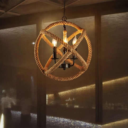 Adjustable Beige Chandelier For Bedrooms - Industrial Style Rope Globe Cage Hanging Lamp 3 /