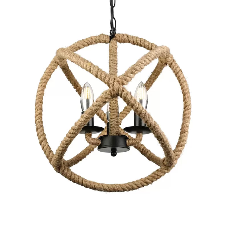 Adjustable Beige Chandelier for Bedrooms - Industrial Style Hanging Lamp, Rope Globe Cage with Chain