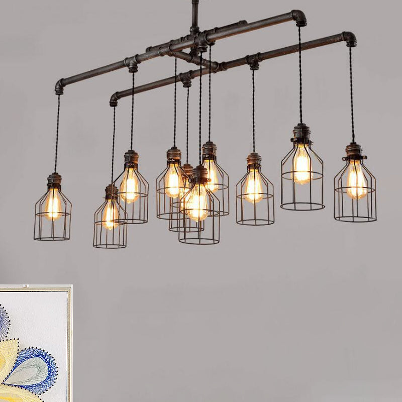 Antique Style Bronze Iron Pendant Light With 6/10 Bulb Cage Water Pipe Design - Ideal Island