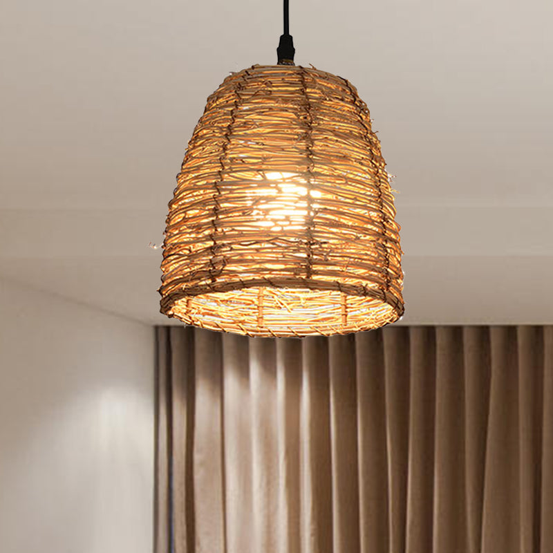 Contemporary Style Rattan Hanging Lamp With Conic Design: 1 Head Beige/Brown Suspension Light For