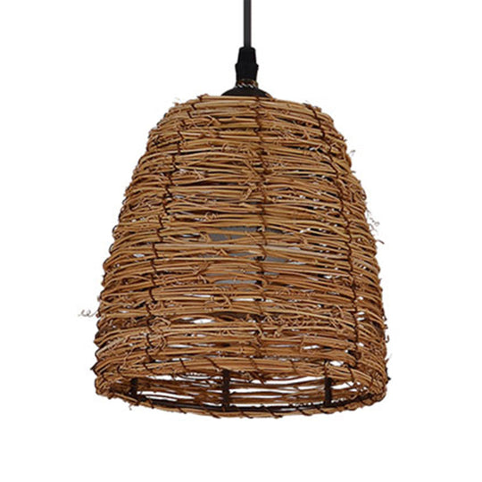 Contemporary Style Rattan Hanging Lamp With Conic Design: 1 Head Beige/Brown Suspension Light For