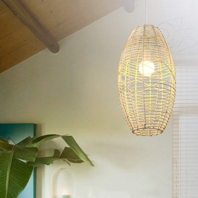 Rustic Beige/Brown Ellipse Rattan Pendant Lamp - Ideal For Restaurant And Cafe Ambience Beige