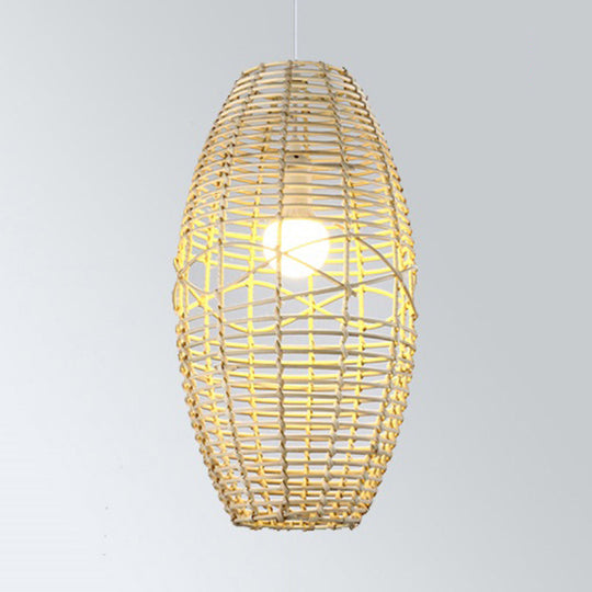 Rustic Beige/Brown Ellipse Rattan Pendant Lamp - Ideal For Restaurant And Cafe Ambience