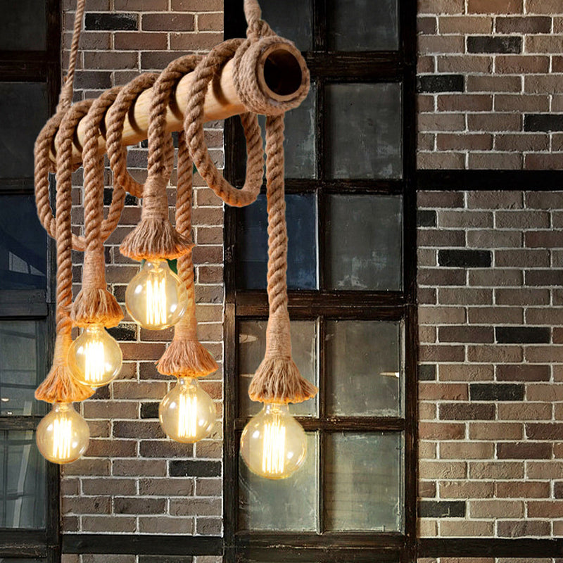 Lodge Industrial Beige Island Light With Adjustable Rope And Bamboo - 3/4 Lights Open Bulb