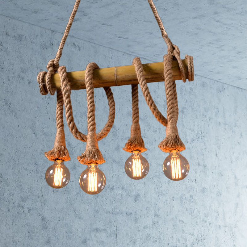 Lodge Industrial Beige Island Light With Adjustable Rope And Bamboo - 3/4 Lights Open Bulb 4 / A