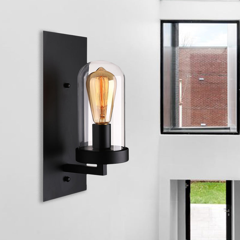 Industrial Rustic Wall Sconce With Clear Glass Shade And Black Frame