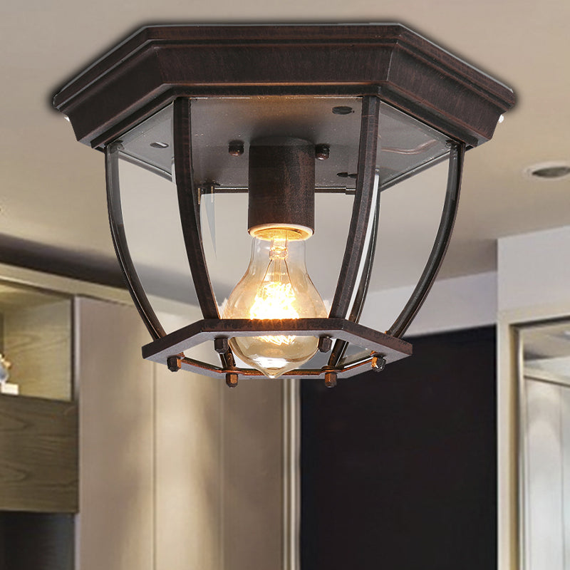 Retro Geometric Ceiling Mount With Clear Glass And Bronze Finish
