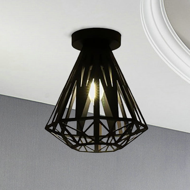 Black Metal Caged Flush Mount Fixture With Diamond Shade - Loft Style 1 Bulb Ceiling Lighting