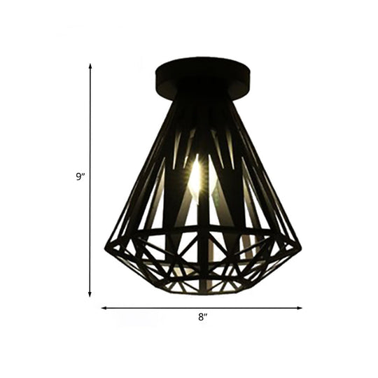 Black Metal Caged Flush Mount Fixture With Diamond Shade - Loft Style 1 Bulb Ceiling Lighting