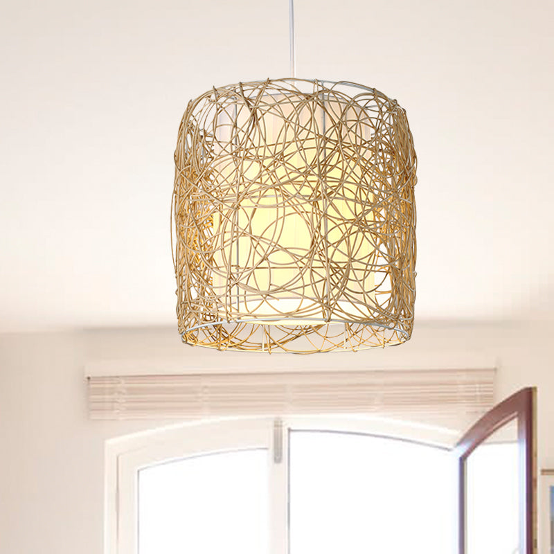 Woven Rattan Pendant Lamp With Rustic Single Head And Fabric Interior Shade Beige