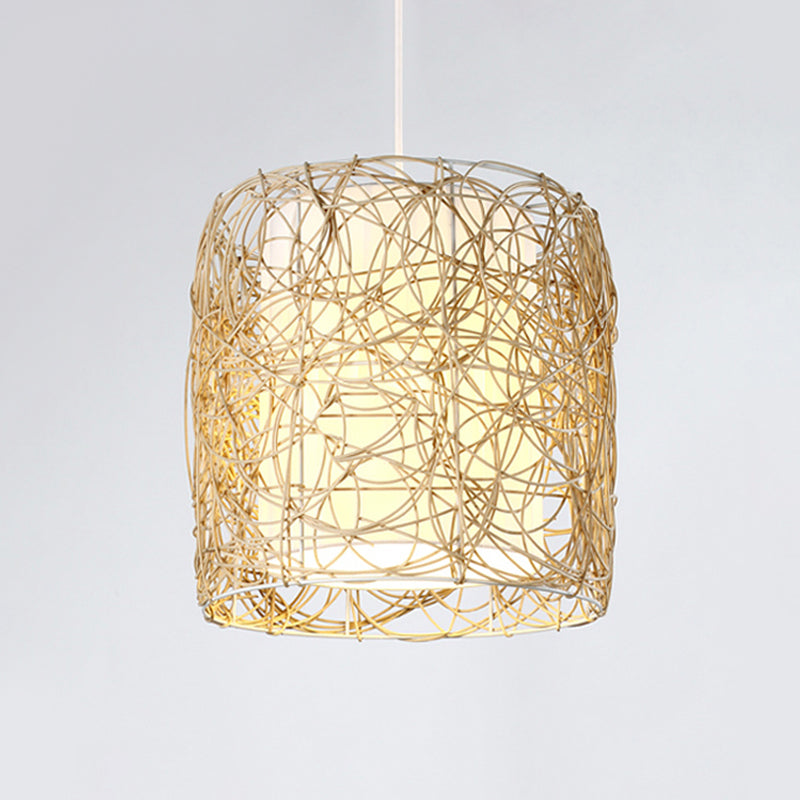 Woven Rattan Pendant Lamp With Rustic Single Head And Fabric Interior Shade