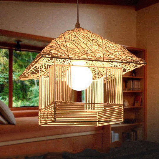 Rustic Rattan House Shaped Hanging Light For Dining Room - Beige/Brown/White 1 Head Drop
