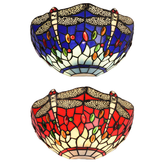 Dragonfly And Jewel Tiffany Half-Bowl Wall Light In Red/Blue - Perfect For Cafes