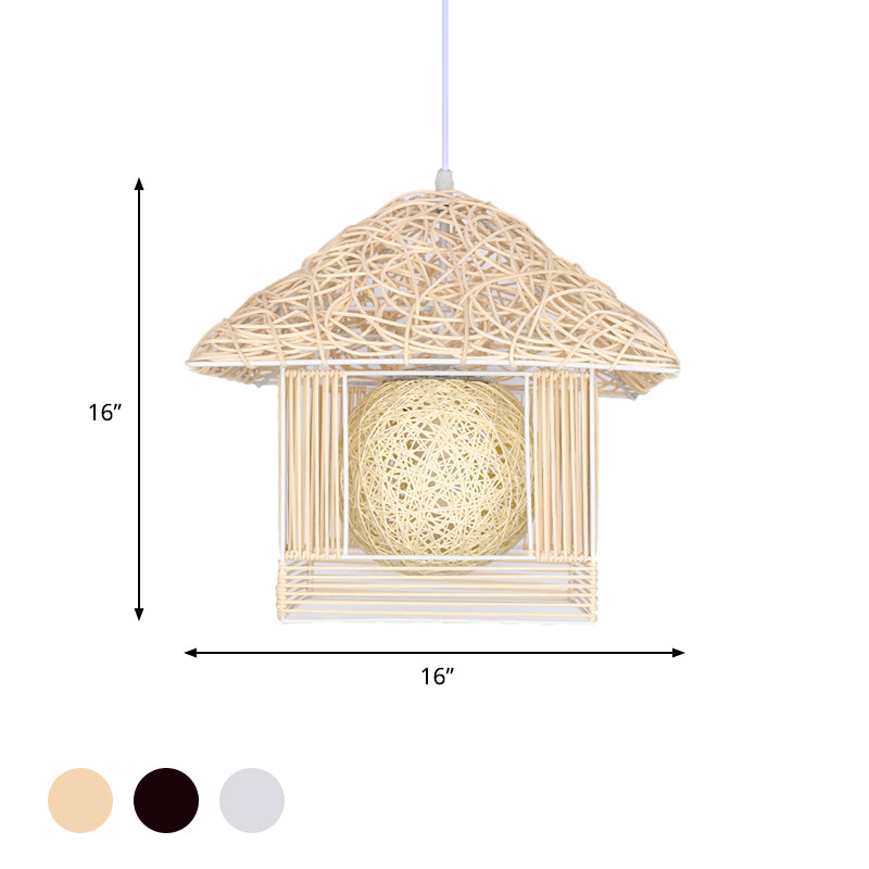 Rustic Rattan House Shaped Hanging Light For Dining Room - Beige/Brown/White 1 Head Drop