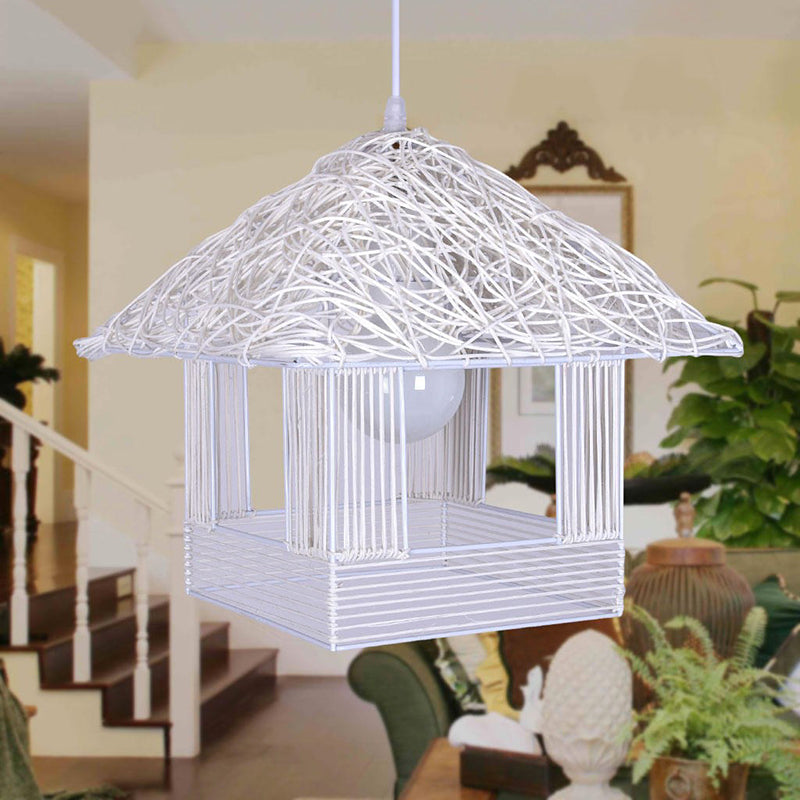 Rustic Rattan House Shaped Hanging Light For Dining Room - Beige/Brown/White 1 Head Drop White / 12