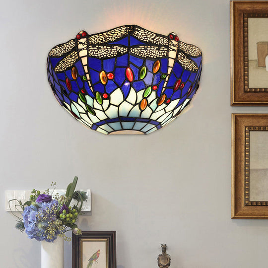 Dragonfly And Jewel Tiffany Half-Bowl Wall Light In Red/Blue - Perfect For Cafes