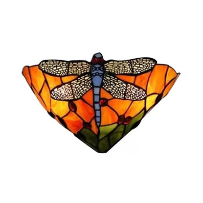 Dragonfly Pattern Stained Glass Bowl Wall Sconce Lighting - Rustic 2-Light Mount