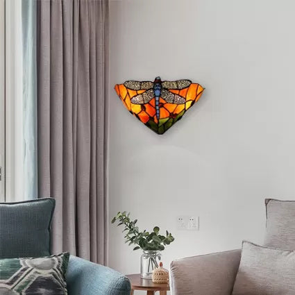 Dragonfly Pattern Stained Glass Bowl Wall Sconce Lighting - Rustic 2-Light Mount Orange