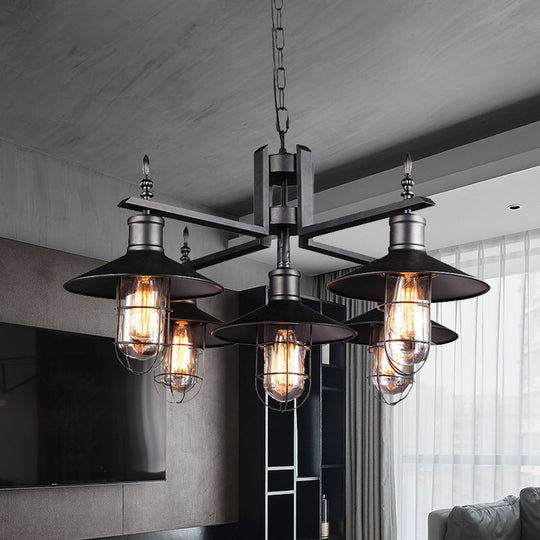 Black Metal 6-Head Caged Pendant Chandelier With Clear Glass Shade