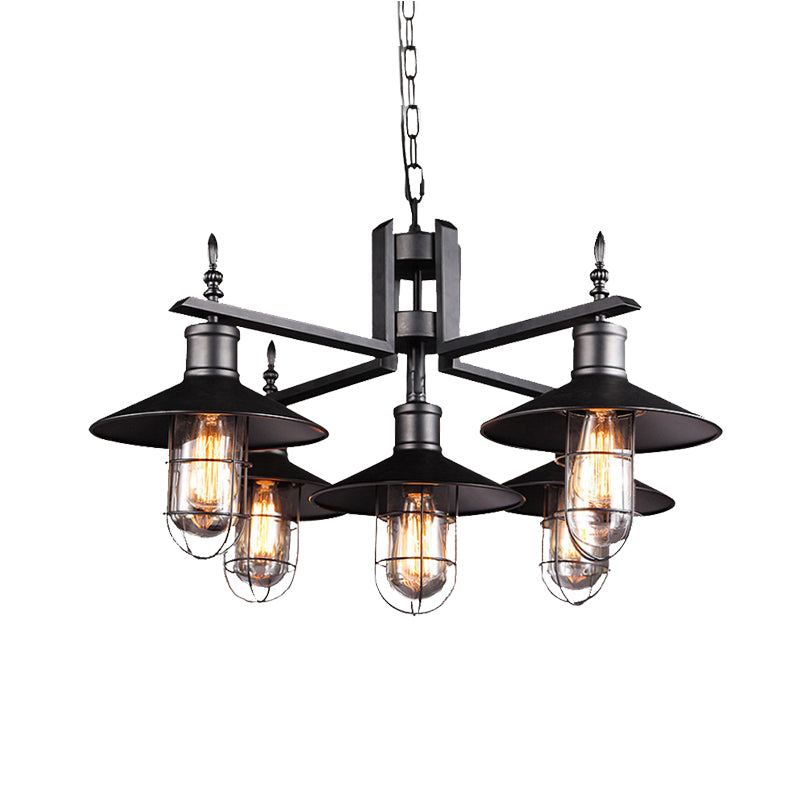 Vintage Wide Flared Pendant Chandelier with 6 Heads and Clear Glass Shade - Black Metal Caged Drop Light