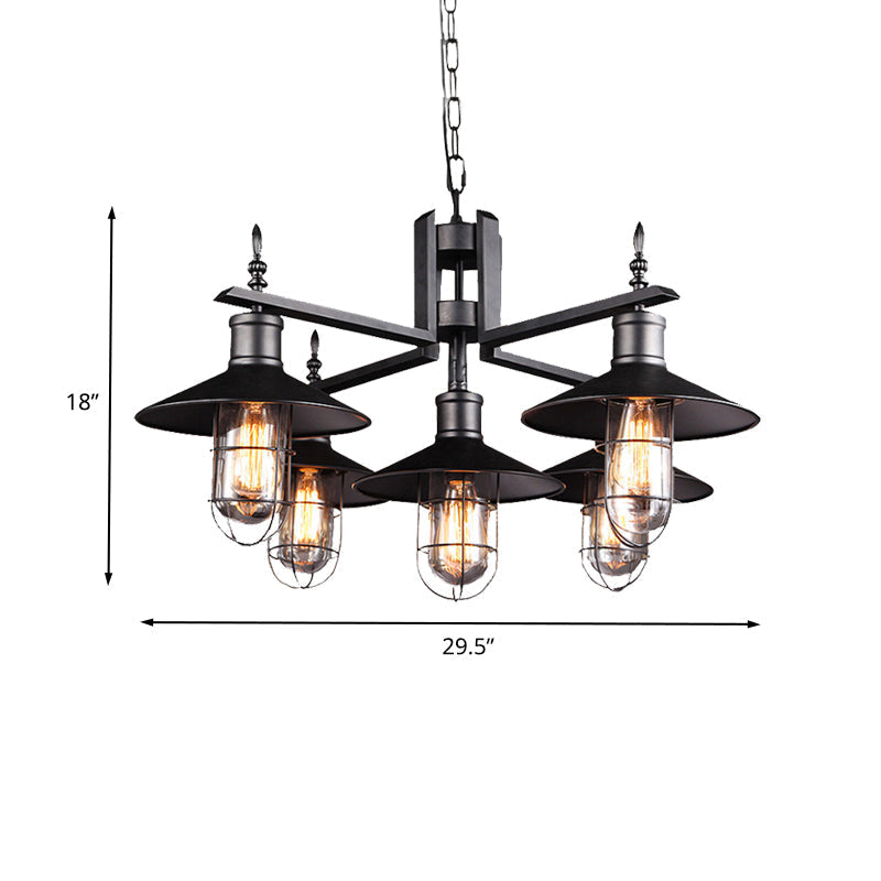 Black Metal 6-Head Caged Pendant Chandelier With Clear Glass Shade