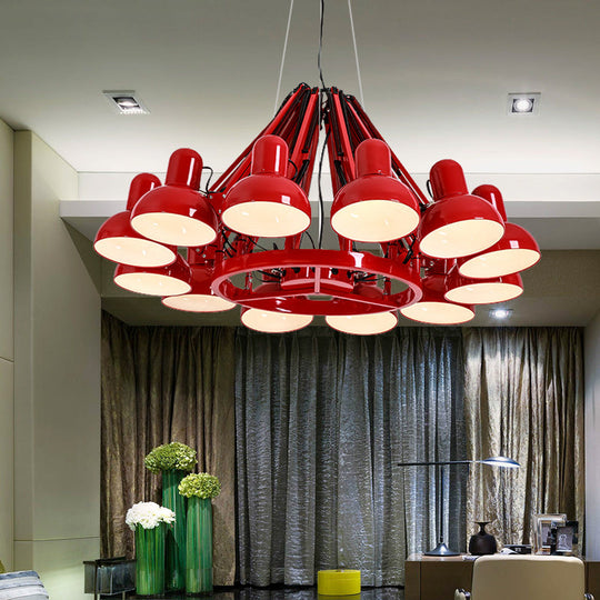 Black/Red Swing Arm Chandelier Lamp With Industrial Metal Finish - 12 Bulbs Hanging Lighting Dome