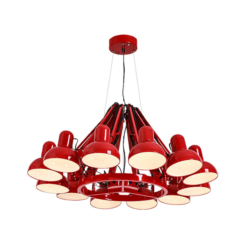 Black/Red Swing Arm Chandelier Lamp With Industrial Metal Finish - 12 Bulbs Hanging Lighting Dome