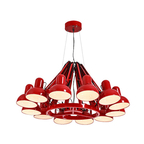Black/Red Swing Arm Chandelier Lamp With Industrial Metal Finish - 12 Bulbs Hanging Lighting Dome