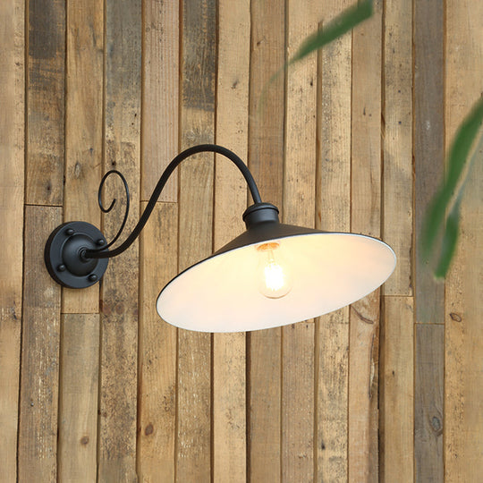 Flared Outdoor Wall Light - Antiqued 1-Light Metal Sconce Lamp With Curved Arm Black/Black & White