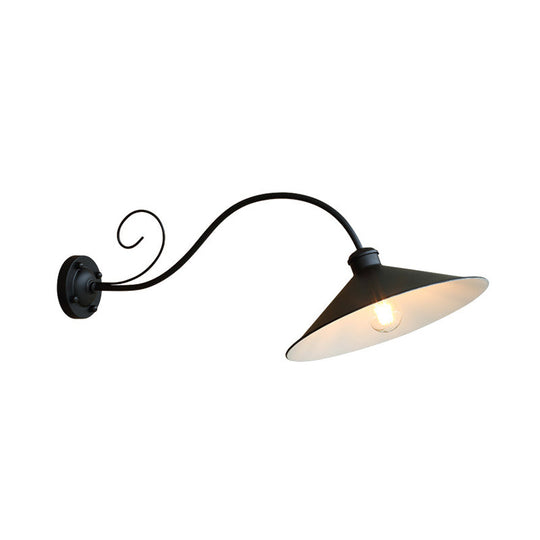 Flared Outdoor Wall Light - Antiqued 1-Light Metal Sconce Lamp With Curved Arm Black/Black & White