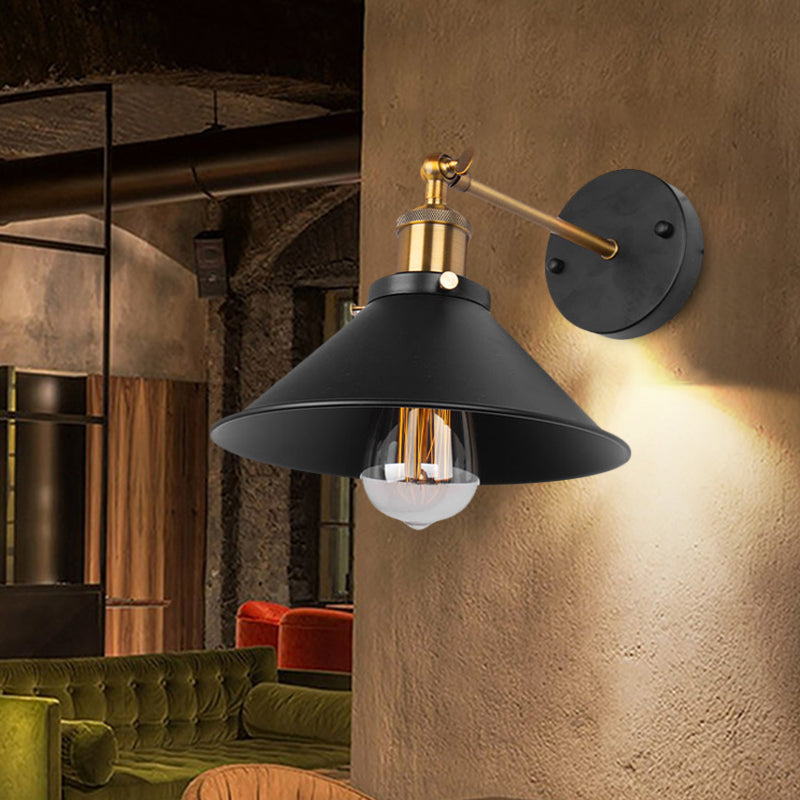 Industrial Metal Conical Wall Sconce Light - Black Finish 1 Bulb Mount Ideal For Restaurants