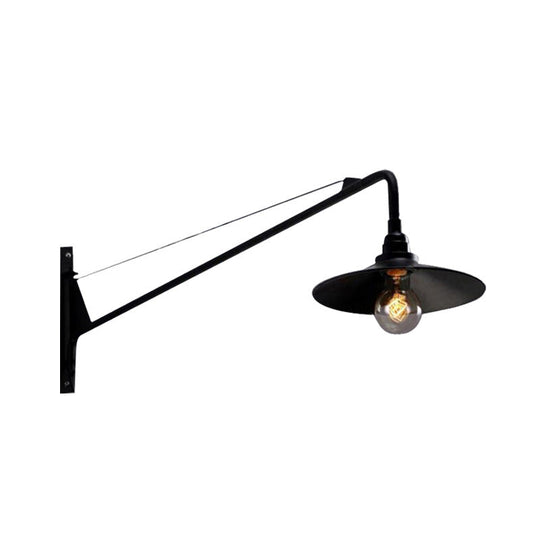 Metallic Wide Flared Wall Lamp: Antiqued 1 Light Coffee Shop Lighting In Black With Long Arm