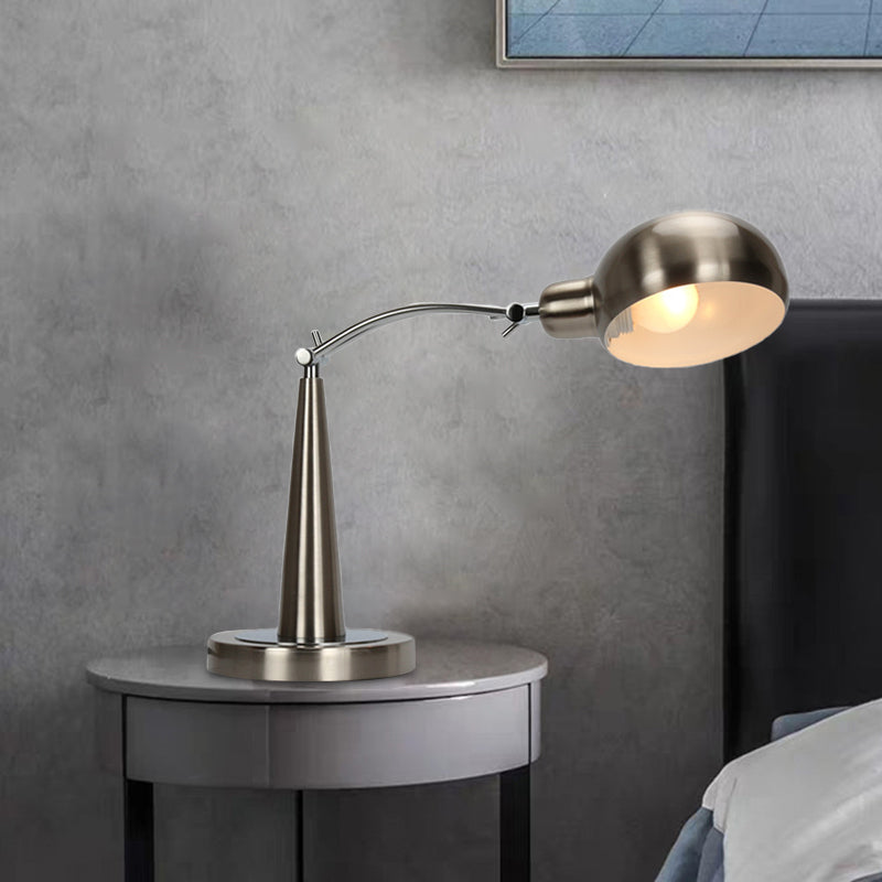 Adjustable Arm Dome Shade Reading Light In Black/Silver: Industrial Metal Plug-In Table Lamp Silver