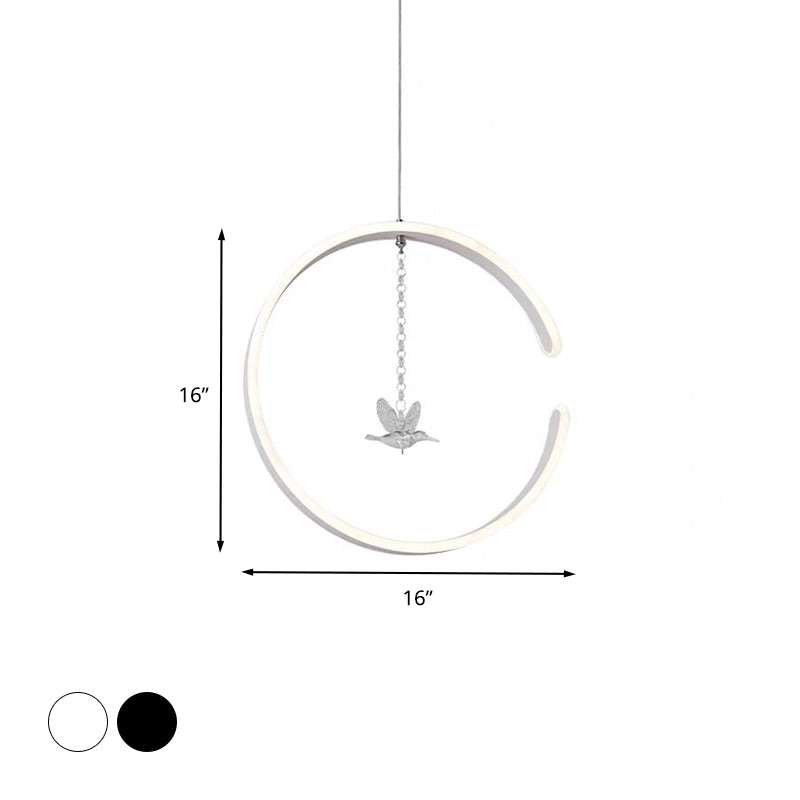 Minimalist Led Pendant Lamp: Acrylic Ring Ceiling Light With Bird Crystal Decor In White/Black