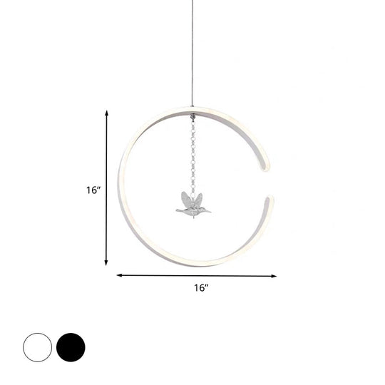 Minimalist Led Pendant Lamp: Acrylic Ring Ceiling Light With Bird Crystal Decor In White/Black