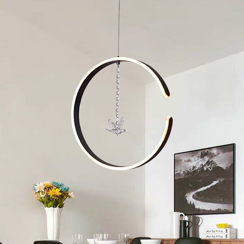 Minimalist Led Pendant Lamp: Acrylic Ring Ceiling Light With Bird Crystal Decor In White/Black Black