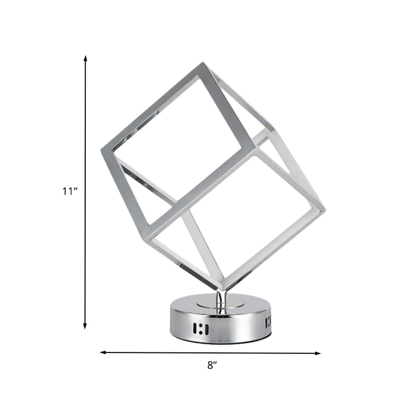 Minimalist Metal Led Bedside Lamp With Chrome Finish - Cubic Frame Round Base