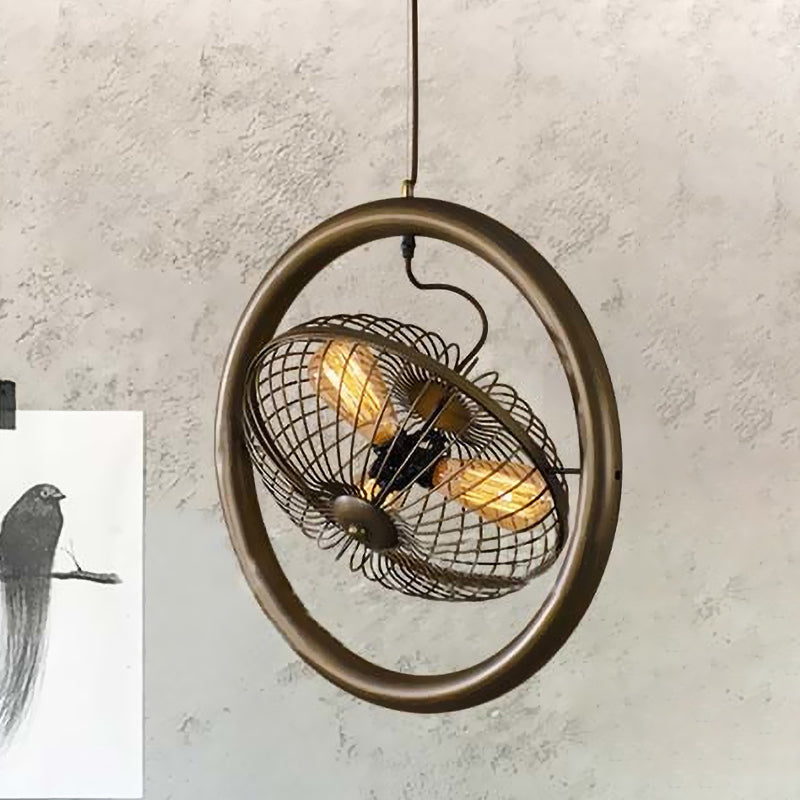 Farmhouse Style Circle Cage Light Fixture With Fan Design Brass/Black Finish 3 Lights For Kitchen