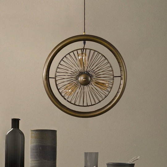 Farmhouse Kitchen Hanging Lamp with Brass/Black Finish - Circle Cage Metal Fixture, 3 Lights & Fan Design