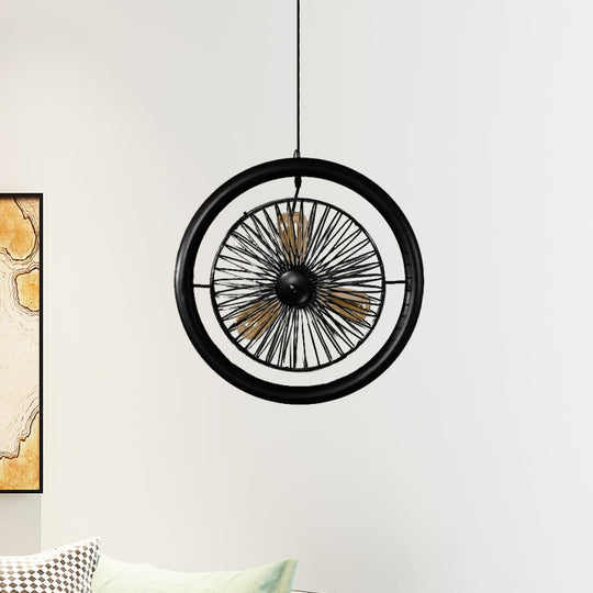 Farmhouse Kitchen Hanging Lamp with Brass/Black Finish - Circle Cage Metal Fixture, 3 Lights & Fan Design
