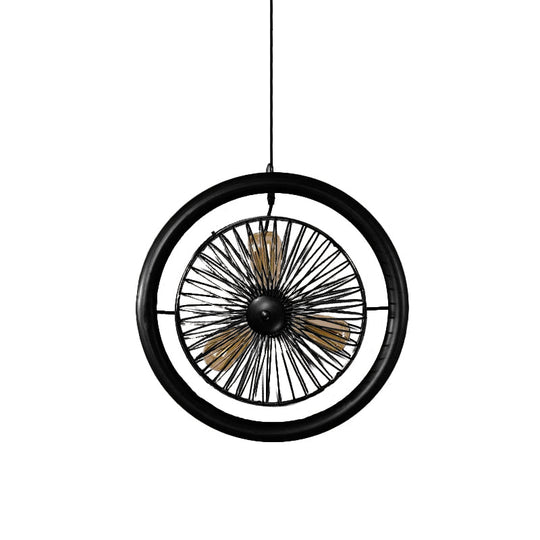 Farmhouse Style Circle Cage Light Fixture With Fan Design Brass/Black Finish 3 Lights For Kitchen