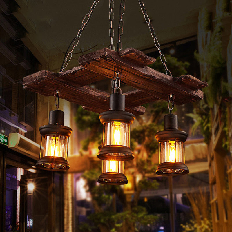 Clear Glass Chandelier Industrial Pendant Light - 4-Light Kerosene Style with Rust Chain - Ideal for Coffee Shops